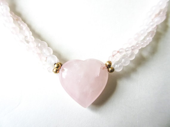 Rose Quartz Heart Necklace 18 Multi Strand Beaded Vintage ON SALE