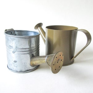 May include: Two small metal watering cans, one silver and one gold, with a brass spout.