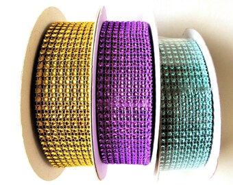 3 Rhinestone Mesh Trim Rolls, 10 Yard 8 Row Spool Ribbon Yellow Gold, Pink, Aqua ON SALE