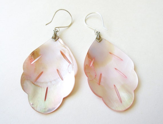 Mother of Pearl Earrings w Sterling Silver, Carve… - image 5
