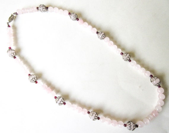 Rose Quartz Necklace w Garnet, 23" Vintage Stone … - image 2