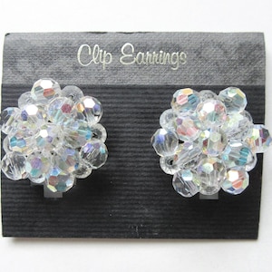 AB Crystal Cluster Clip On Earrings Vintage New