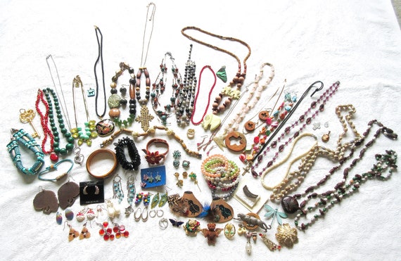 Collection of Vintage Costume Jewellery, comprising beads, , crystal  necklaces, brooches, bracelets,