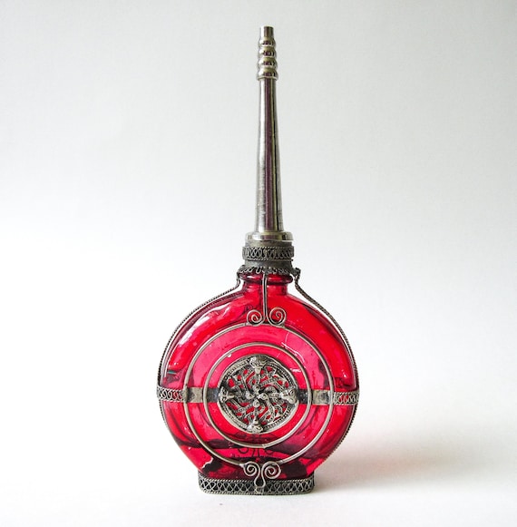 Moroccan Perfume Bottle, Vintage Red Sprinkler ON… - image 1
