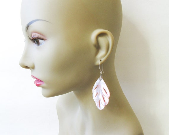 Mother of Pearl Earrings w Sterling Silver, Carve… - image 3