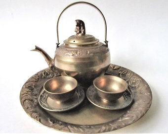 Brass Tea Set, Korean Fish Small 7 Piece, Vintage Made in Korea ON SALE