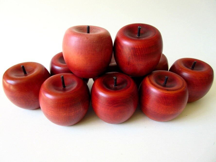 Carved Wood Apple Set of 10 Life Size Vintage with Wooden Stem Etsy