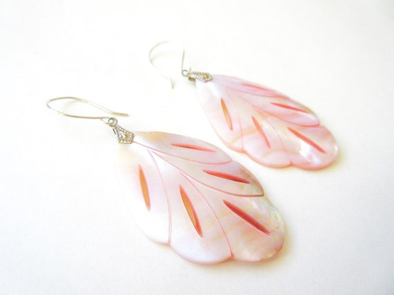 Mother of Pearl Earrings w Sterling Silver, Carve… - image 4