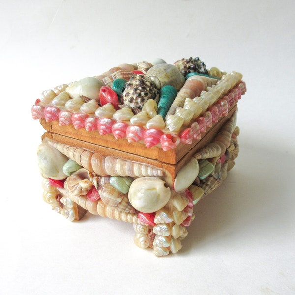 Seashell Trinket Jewelry Box, Vintage Shell Art, 4 x 3” Made in Austria