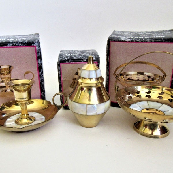 Brass Lot 3 Candle Holder, Temple Jar, Basket, Mother of Pearl Inlay Made India, Vintage in Boxes ON SALE