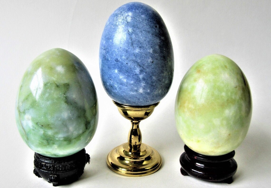 Carved Stone Egg Lot of 3 Green & Blue Large Vintage ON SALE Etsy