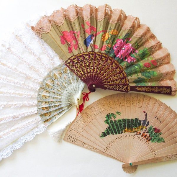 Folding Hand Fan Lot 3 Vintage, Lace Spain, Bluebird Floral Japan, Painted Peacock Wood China ON SALE