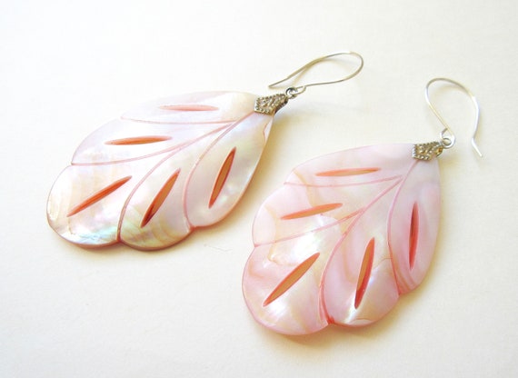 Mother of Pearl Earrings w Sterling Silver, Carve… - image 1