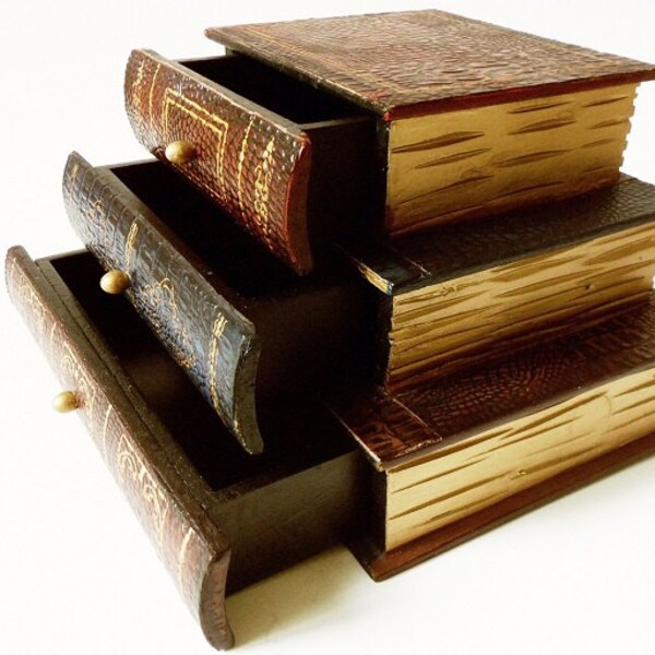 Wood 3 Drawer Stacked Book Box Vintage Secret Storage