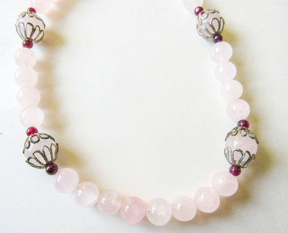 Rose Quartz Necklace w Garnet, 23" Vintage Stone … - image 1