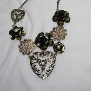 Antique Brass Floral Heart Filigree Necklace