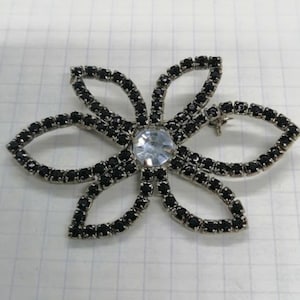 Vintage Black & Clear Rhinestone Flower Brooch