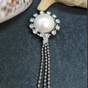 Vintage Silver Elegant Pearl & Rhinestone Tassel Brooch