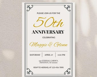 May include: An invitation card for a 50th anniversary celebration. The design features gold text on a cream background, with decorative borders and the names "Maggie & Glenn". Includes date, time, and RSVP information.