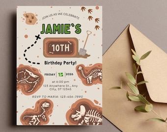 May include: A tan birthday party invitation with dinosaur fossils and the text "Jamie's 10th Birthday Party!" The invitation includes the date, time, and location. A brown envelope and greenery are in the background.
