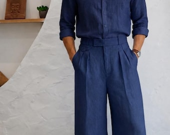 Marineblauwe linnen combi-set – overhemd met mandarijnkraag, wijde broek zomeroutfit