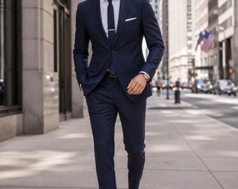 Męski granatowy garnitur slim fit 2-częściowy, formalny strój biznesowy na wesele