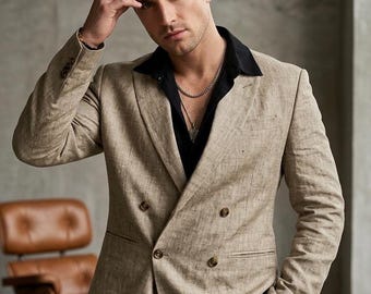 Men's Beige Linen Suit Set: Double-Breasted Blazer, Tailored Pants, Summer Wedding Outfit