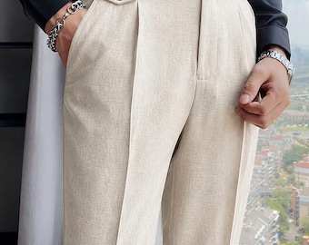 Men's Pleated Linen Trousers, High Waist Relaxed Fit, Old Money Pants