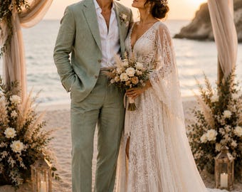 Terno de linho verde sálvia para casamento, traje vintage de verão para noivo, moda masculina boho para praia.