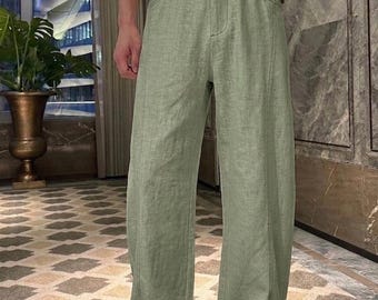 Mens Wide Leg Linen Trousers, Breathable Summer Casual Pants