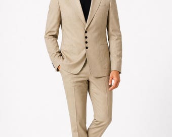 Men's Cotton Suit Set, Tailored Slim Fit, Minimalist Blazer Pants, Wedding Formal Wear