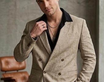 Men's Beige Linen Suit Set: Double-Breasted Blazer, Tailored Pants, Summer Wedding Outfit
