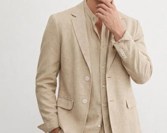 Men's Beige Linen 3-Piece Suit | Slim Fit Summer Wedding Attire with Shirt