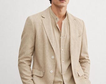Men's Beige Linen 3-Piece Suit | Slim Fit Summer Wedding Attire with Shirt
