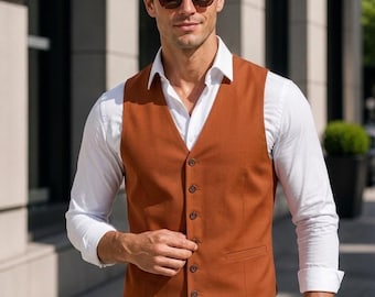 Men's Lightweight Linen Vest, Summer Formal Waistcoat, Tailored Smart Outfit, 30 Colors