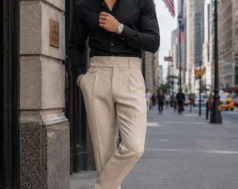 Men's Linen Shirt and Trousers Set, Formal Black Beige Outfit, Old Money Style
