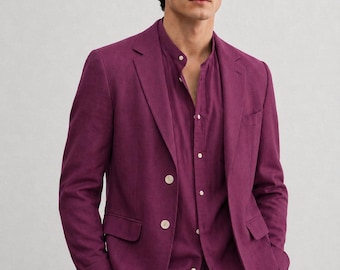 Traje de tres piezas de lino beige para hombre / Traje de boda de verano de corte ajustado con camisa.