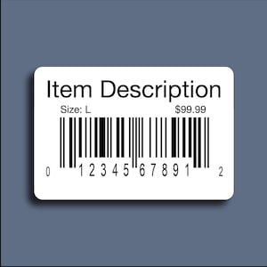 May include: A white rectangular sticker with rounded corners, featuring the text "Item Description" in black. Below the text is a barcode, with the size "L" and a price of $99.99.