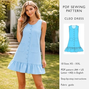 Puede incluir: Vestido sin mangas azul claro con botones delanteros, dos bolsillos y bajo con volantes. La imagen es un patrón de costura PDF para el "Vestido Cleo", disponible en tallas XS-XXL. El patrón incluye instrucciones paso a paso.