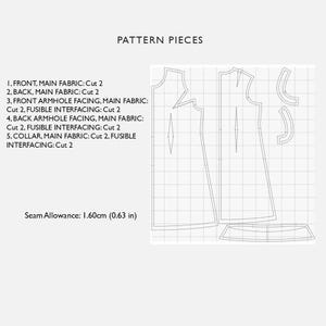 Pu&ograve; includere: Un diagramma di modelli di cucito intitolato "PATTERN PIECES". Mostra i contorni di sezioni di indumenti con istruzioni di taglio. Il margine di cucitura &egrave; di 1,60 cm. Il diagramma include testo che indica tipi di tessuto e quantit&agrave; di taglio.