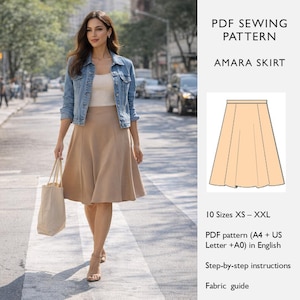 May include: A woman wearing a denim jacket, a cream-colored top, and a tan skirt walks on a crosswalk. The image includes a PDF sewing pattern for the Amara skirt, available in 10 sizes, with step-by-step instructions and a fabric guide.
