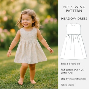 May include: A young child in a sleeveless floral dress, walking on grass. The dress features a fitted bodice and a flared skirt. Text on the right reads "PDF SEWING PATTERN MEADOW DRESS" and includes pattern details for sizes 2-6 years old.