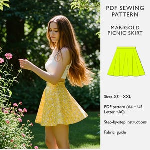 May include: A woman wearing a yellow floral print skirt and a white top stands in a garden. The image includes a diagram of a neon yellow skirt and text that reads "PDF Sewing Pattern, Marigold Picnic Skirt, Sizes XS-XXL."