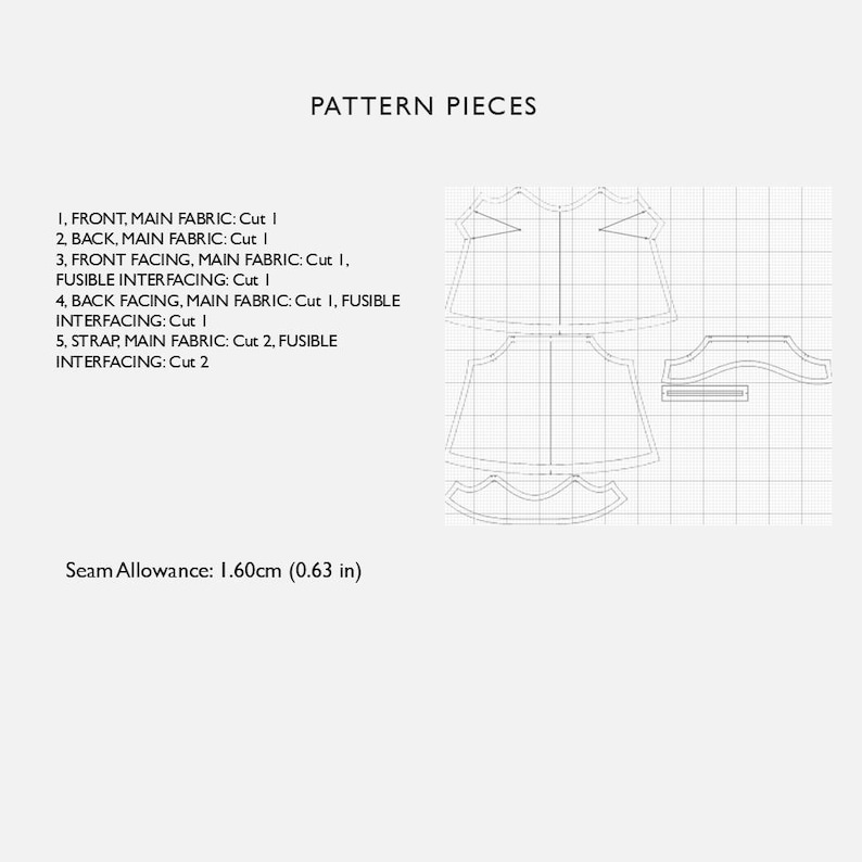 May include: A diagram of pattern pieces for sewing, labeled "PATTERN PIECES." The image includes outlines of garment sections, with text indicating fabric cuts and seam allowance of 0.63 inches. The pattern is on a grid background.