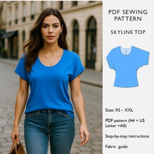 May include: A woman wearing a blue Skyline top and blue jeans. The image includes a diagram of the top and text that reads "PDF SEWING PATTERN SKYLINE TOP" and "Sizes XS - XXL". The image also includes "PDF pattern (A4 + US Letter +A0)", "Step-by-step instructions", and "Fabric guide".