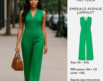 Jumpsuit Sewing Pattern: Sleeveless V-Neck Wide Leg (PDF Pattern A4/A0/US Letter Sizes) Emerald Avenue  - in English