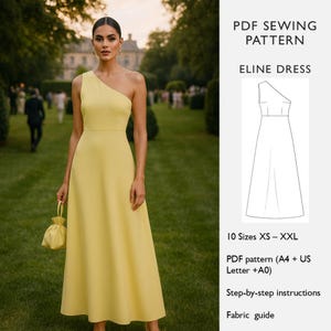 Puede incluir: Una mujer con un vestido amarillo pálido de un solo hombro y un bolso a juego. El vestido tiene un corpiño ajustado y una falda fluida. La imagen también incluye un patrón de costura PDF para el "Vestido Eline" con instrucciones paso a paso y una guía de telas.