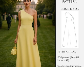 Patrón de costura para vestido de noche de un solo hombro, corte A • Largo hasta el tobillo • Vestido de fiesta, dama de honor y ocasión especial - Descarga digital en PDF - en inglés