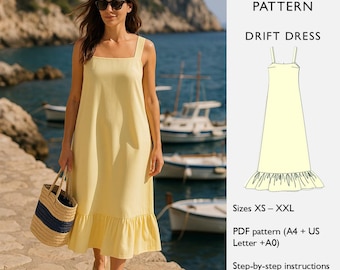 Dress Sewing Pattern — Trapeze Dress with Gathered Hem, Wide Straps, Casual Summer Dress — PDF Pattern  - in English