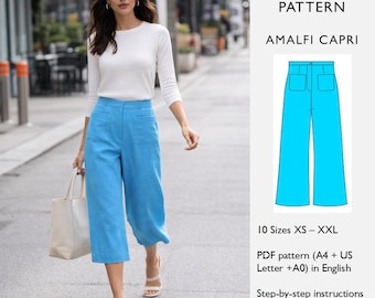 Patrón de costura para pantalones capri de pierna ancha / Cierre frontal con cremallera y bolsillos de parche / Descarga digital en PDF - en inglés